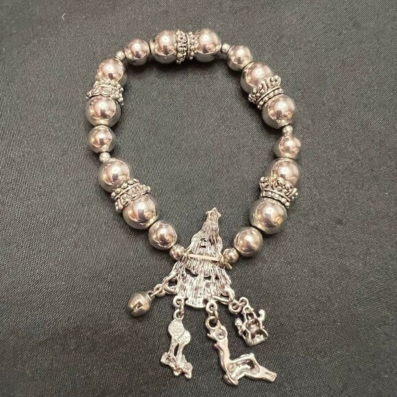Christmas Charm Bracelet silver-tone beaded stretch tree reindeer candle snowman - Picture 5 of 8